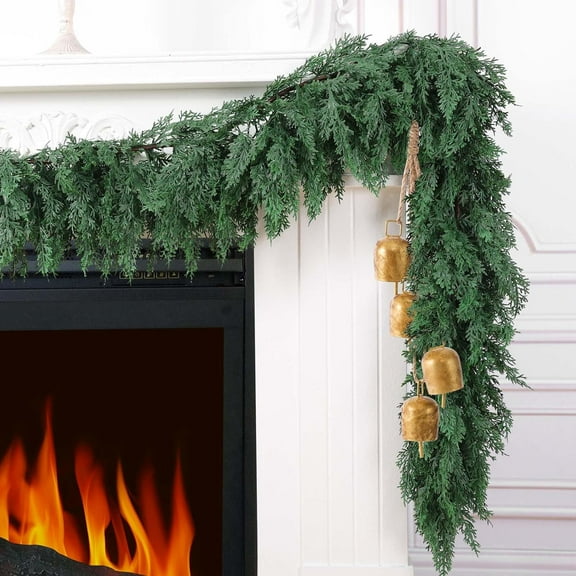 Guvpev 9FT Artificial Cedar Garlands with Christmas Bells, Real Touch Winter Cedar Pine Garland, Realistic Green Faux Greenery Garland for Table, Mantel, Wall, Indoor Outdoor Christmas Decorations