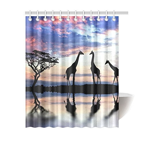 African Safari Theme Animals Elephants Giraffe Fabric Shower Curtain Set 72x72"