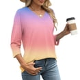 thumbnail image 5 of Women's V Neck 3/4 Sleeve T-Shirt Tops Blouses Tees Floral Print Loose Fit Casual Daily Wear Vacation Beach Fashion Essential Gift for Women | Aestivo,Pink L, 5 of 8
