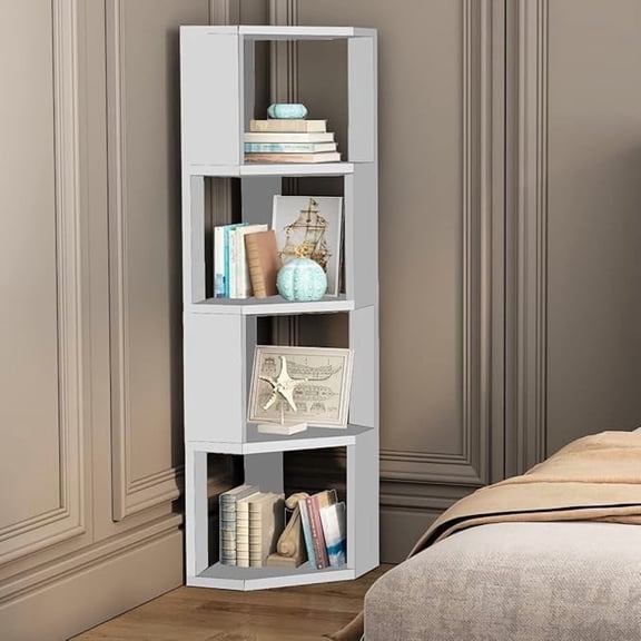 NEWSENDY White Tall Corner Shelf Bookcase Bookshelf, Wooden 4-Tier Book Shelves Display Cabinet,Tall Corner Storage Display Stand Shelf for Living Room,Bedroom,Bathroom