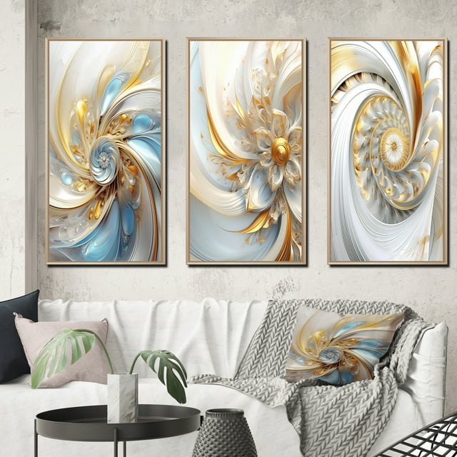 Designart "Spiraling Amidst Opulent Fractals In Gold And White V" Fractals Framed Wall Art Set Of 3 - Gold Transitional Frame Gallery Set For Office Decor