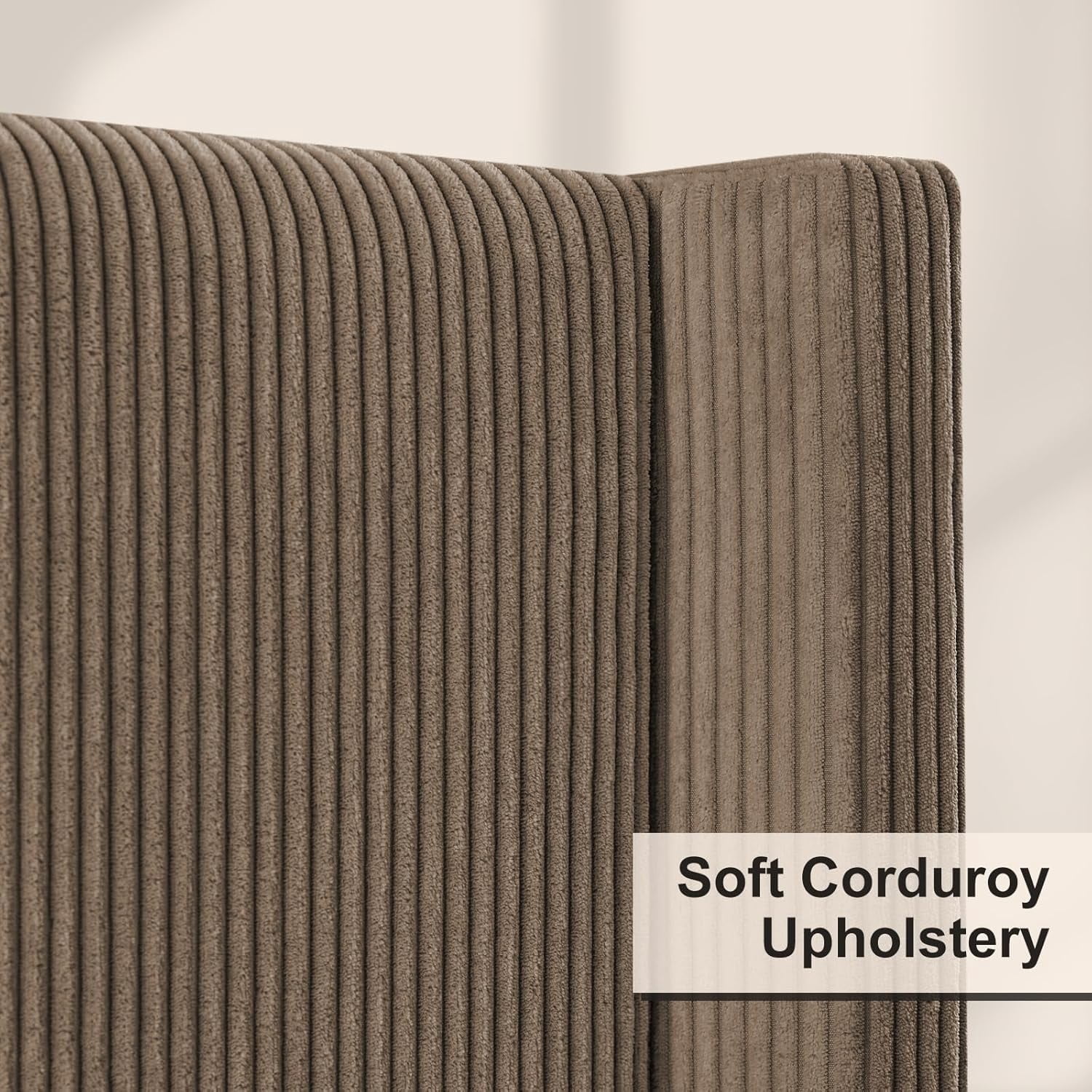 Amerlife King 61" Corduroy Upholstered Bed Frame with Wingback Headboard, Vertical Stripe, Brown