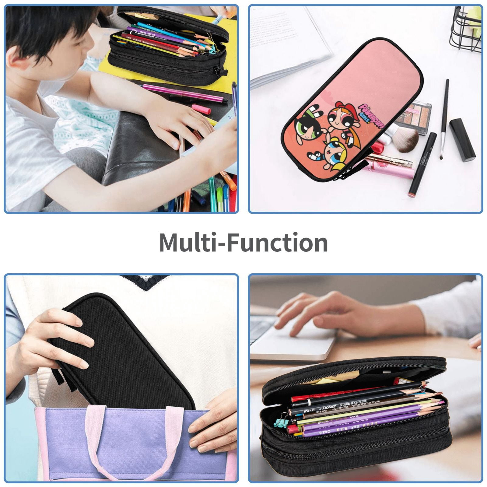 The Powerpuff Gi-rls Pencil Case Large Capacity Pencil Pouch Pen Bag Office Stationery Organizer Travel Makeup Bag Black