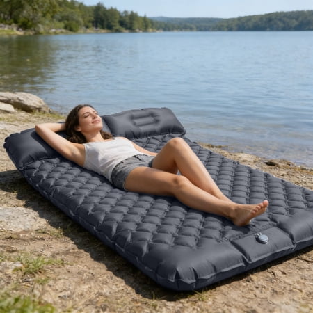 Emdiqzs Double Inflatable Camping Mat Camping Gear & Outdoor Gear Thick Air Mattress for Beach Camping Outdoor Use Navy Blue Gray