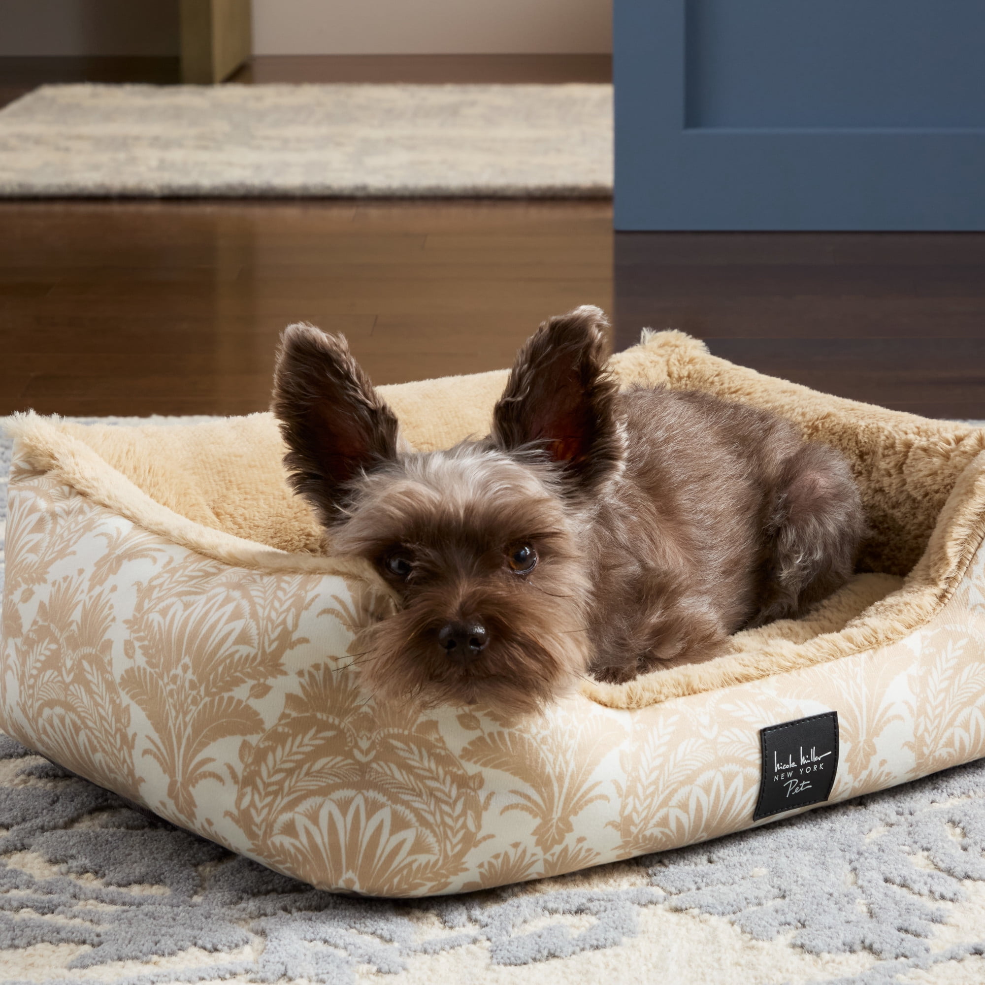 NICOLE MILLER NEW YORK PET Mod Damask Plushy Bolster Pet Bed, Cozy & Calming, Water Repellent, Non-Slip Bottom, 100% Machine Washable, Taupe, Large 35"x28"x8"