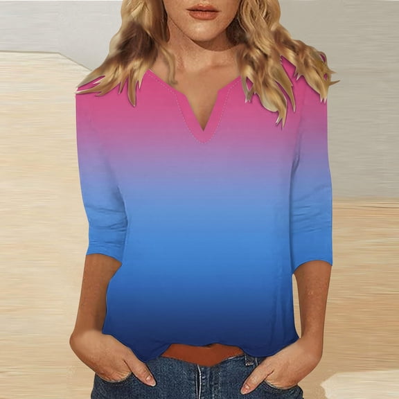 Blue Womens Tops 3/4 Sleeve Tops for Women Summer Notched V Neck Plain T Shirts Casual Cute Three Quarter Length Blouses Shirts for Women