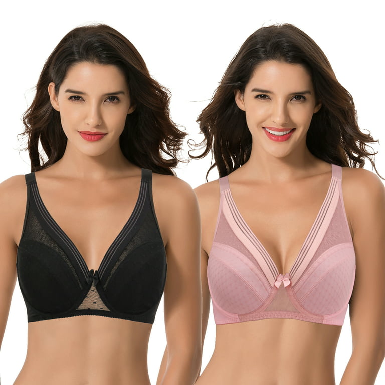 Curve Muse Women's Plus Size Unlined Minimizer Full Coverage Mesh Underwire  Bra-2pack-Black,Pink-42DDDD