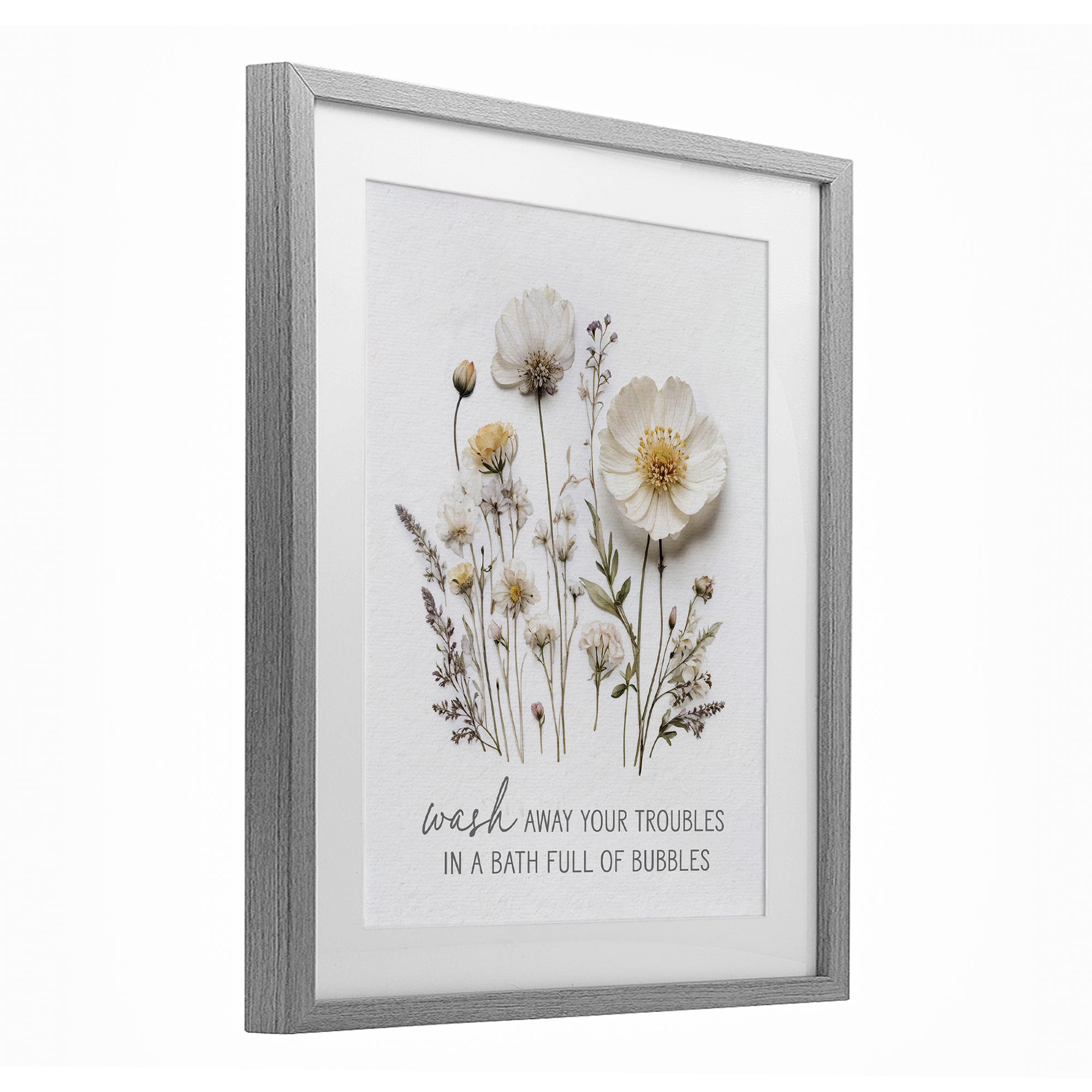 Pressed Flowers Wash Away Troubles Gray Framed Print Under Glass, design by Lettered and Lined