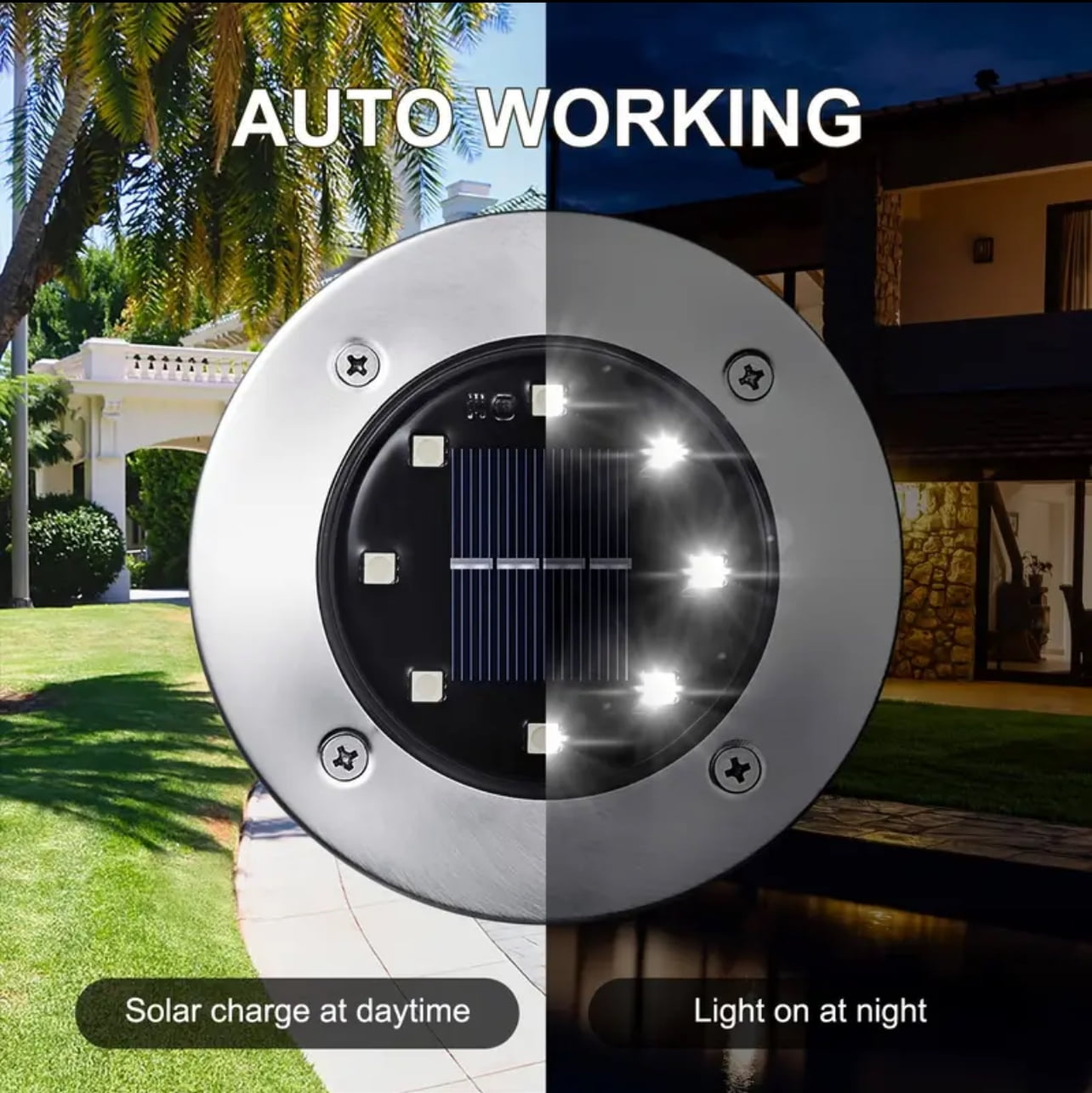 JT Morolux Solar Ground Lights- 8 pack, LED Disk Lights, White, Waterproof Outdoor Path Lights for Garden, Lawn, Walkway, Driveway（Warm White）