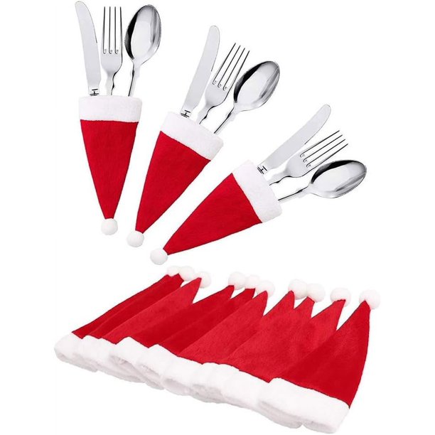 Xiao Hua 10 soportes para cubiertos con forma de gorro de Papá Noel, mini gorro de Papá Noel, funda para botellas, bolsa de almacenamiento para vajilla, para decoración de mesas de fiesta y cenas.