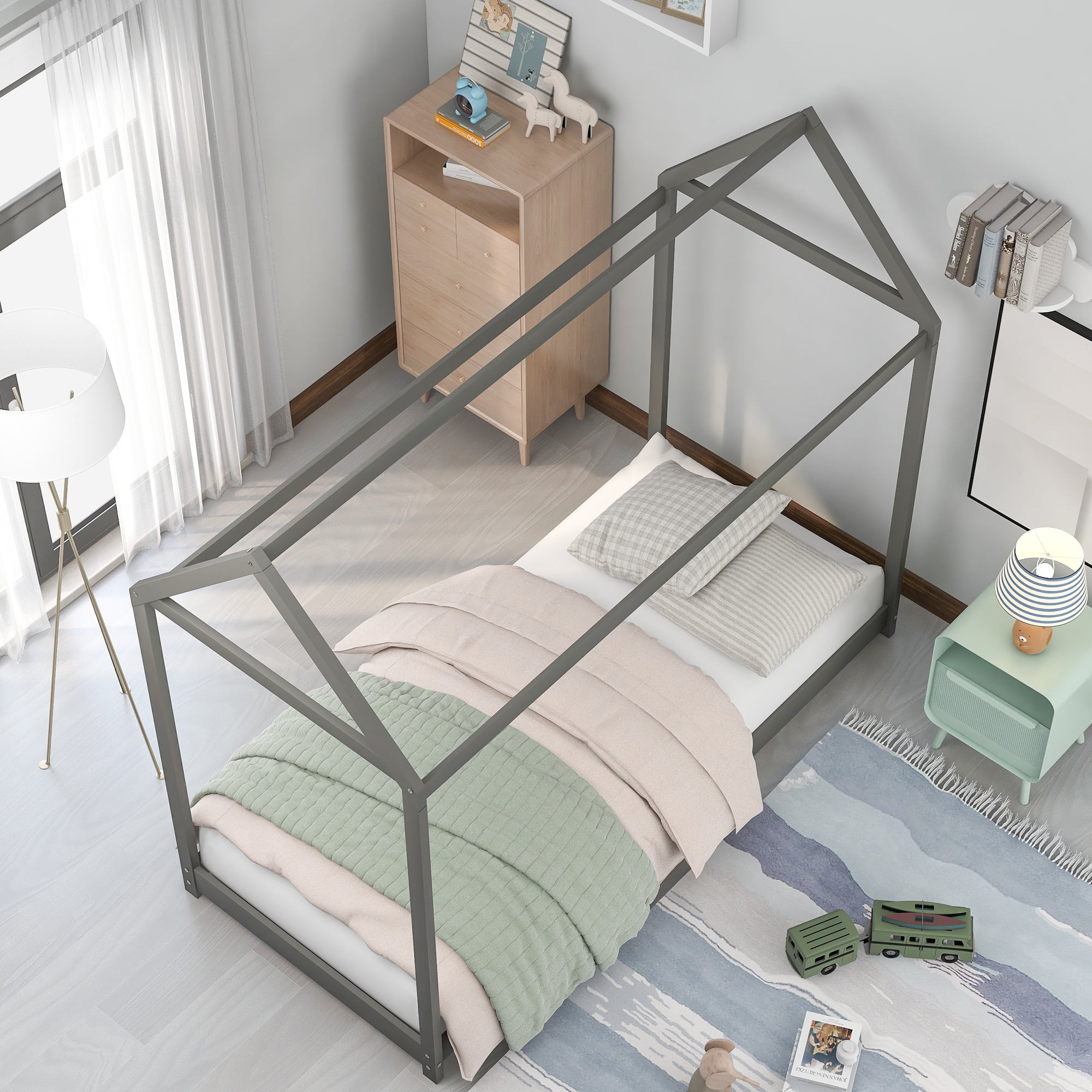 Harper & Bright Designs Twin Size Wooden House Bed with Roof, House Bed Frame Twin Size Floor Bed, Poppy House Wood Bed, Platform Bed, Can Be Decorated for Girls, Boys, Gray