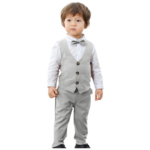 Odeerbi Toddler Boys 4 PCS Gentleman Formal Suit Dress Shirt Suit Pants Waistcoat Bow Tie Wedding Outfits Set