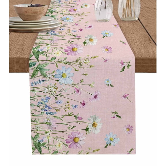 ERUNPONLY Flower Pink Table Runner - 72 Inch Long Blue Pink Daisy Wildflower Floral Botanical Cotton and Linen Blended Dress Scarves Farmhouse Table Runner for Kitchen Dining, Coffee Table, 14"x72"