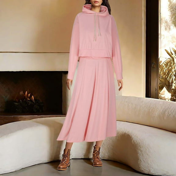 Maoxin Women Skirt Women's Long Sleeved Hooded Sweatshirt Skirt Set ,Pink,M