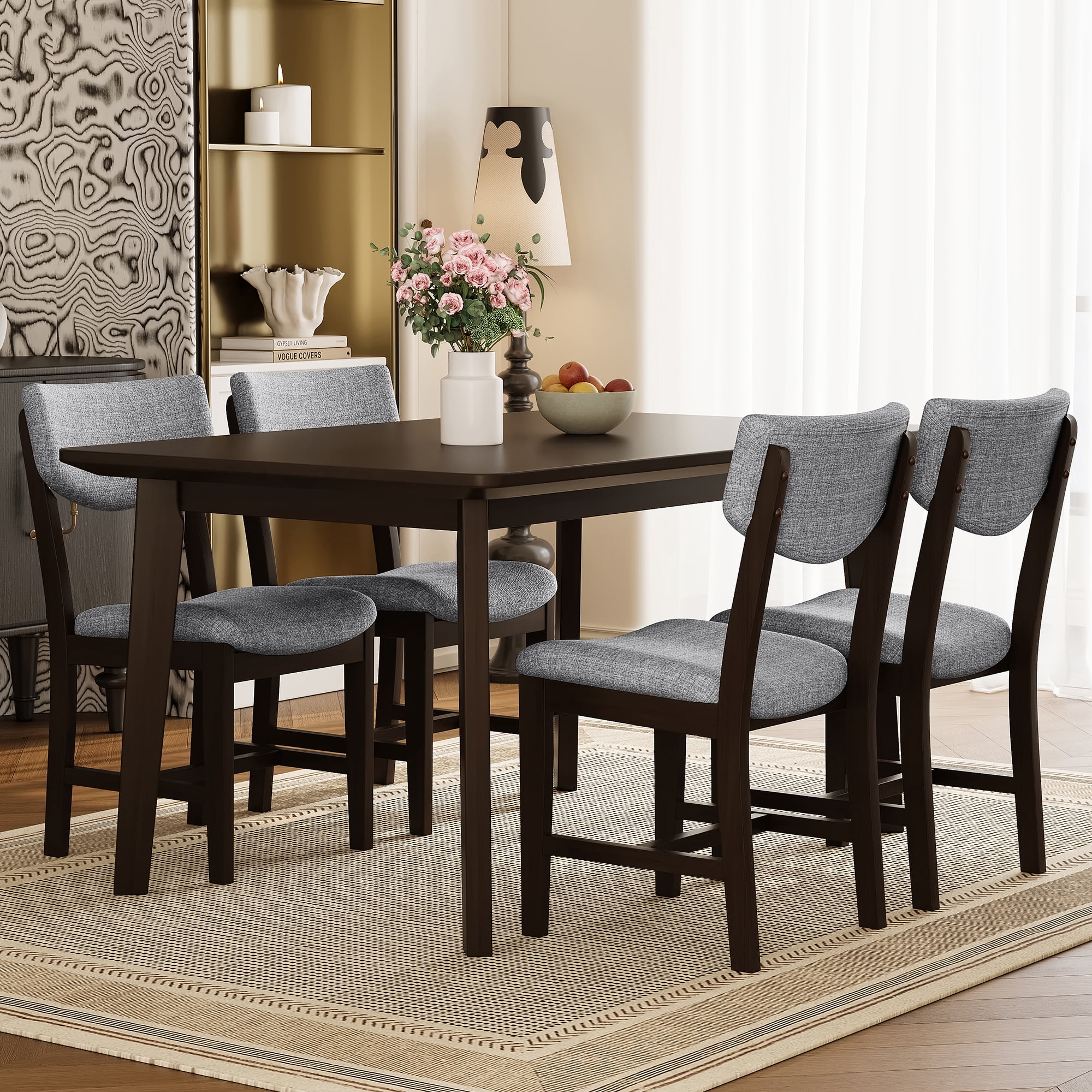 Euroco 5 Piece Dining Table Set for 4, Farmhouse Wood Kitchen Table Set with 4 Upholstered Chairs for Kitchen & Dining Room,Espresso