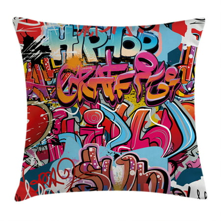 Graphic Decor Throw Pillow Cushion Cover, Hip Hop Street Culture Harlem New York Wall Graffiti Spray Artwork Image, Decorative Square Accent Pillow Case, 18 X 18 Inches, Multicolor, by