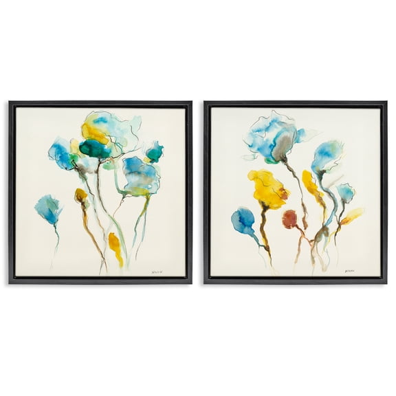 Stupell Industries Watercolor Teal & Yellow Flowers Abstract Painting Black Floater Framed Canvas Art Print Wall Art, 18 x 18, Set of 2