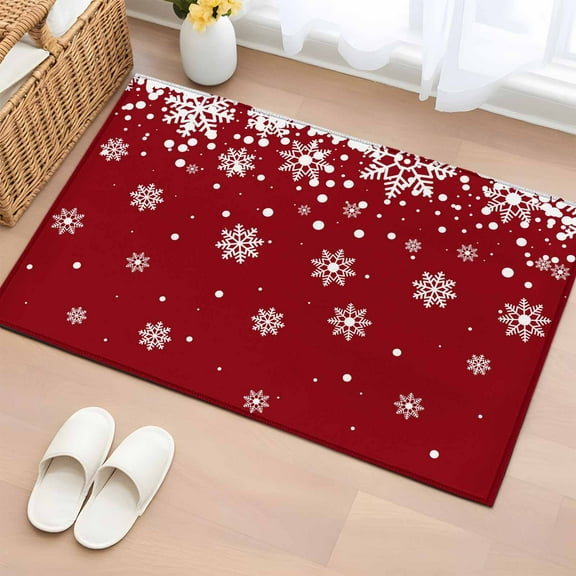 Red Snowflake Christmas Bathroom Rug Washable 2x3 Entryway Rug Non Slip White Snowflake Winter Front Door Mat Low Pile Indoor Doormat Throw Floor Carpet for Kitchen Bedroom Entrance