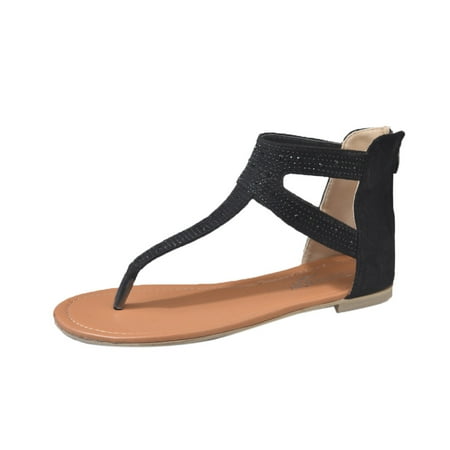 

YanHoo Women Summer Beach Flip Flops T-Strap Zipper Low Flat Roman Sandals