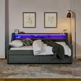 thumbnail image 3 of Upholstered Sofa Bed with Three LED Lights, Storage Adjustable Headboard, Twin Size Daybed with 2 Pull Up Drawers and Wireless Charging, Linen Padded Sofa Bed Frame for Living Room, 3 of 7