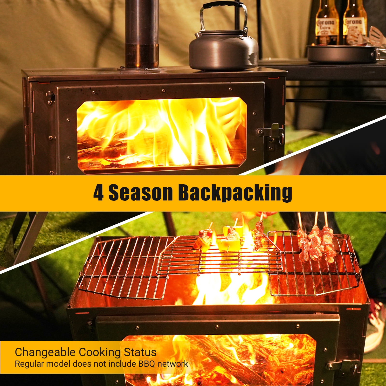 Large Portable Wood Burning Stove for Camping & Survival - Foldable Tent Stove with Viewing Glass & 5 Chimney Pipes - Outdoor Heating and Cooking Stove for Shelter, Tent, Backpacking Gear
