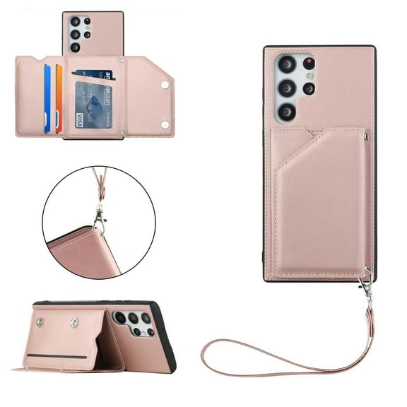 Elehold Lanyard Wallet Case for Samsung  S22 Ultra 6.8 inch Max Premium vegan leather with Wrist Strap,Shockproof Magnetic Buckle Flip Kickstand Credit Card Slots Anti-Scratch Protective Case,Rosegold