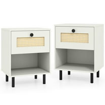 GVN Set of 2 Nightstand with Rattan Drawer and Open Shelf, Bedside Table for Living Room, Bedroom, White