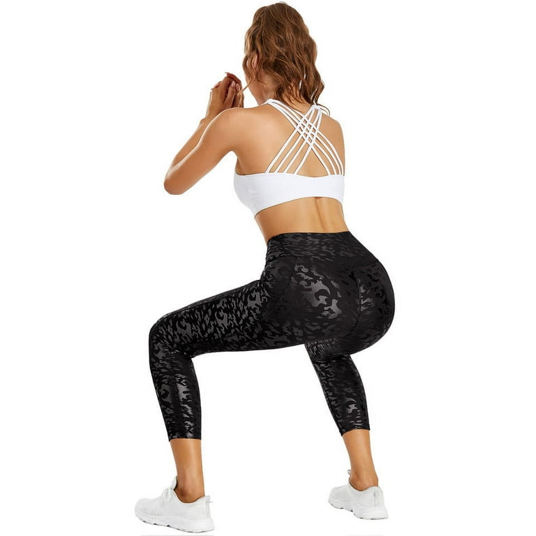 OUYISHANG Women's Shiny 7/8 Yoga Pants with Pockets High Waisted Workout  Running Capri Leggings M 