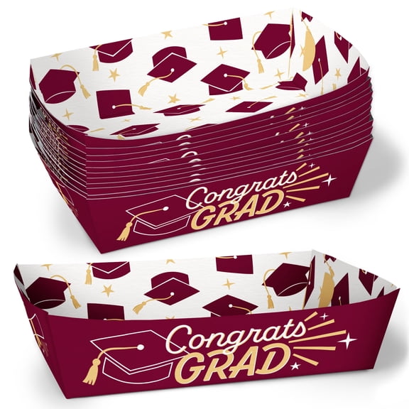 Big Dot of Happiness Maroon Graduation Paper Food Trays, Disposable Food Boats for Congrats Grad Party, Double-Sided Paper Meal Holders for Nachos, Hot Dogs, Popcorn, Snacks - 12 Ct