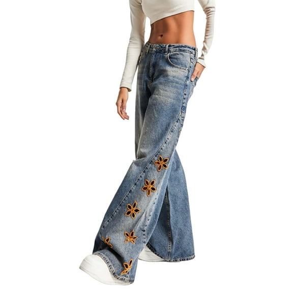 Women Baggy Y2k Distressed Jeans Boyfriend Embroidered Ripped Denim Pants Wide Leg Patchwork High Waist Chambray Blue XL