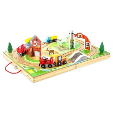 Melissa & Doug 17-Piece Wooden Take-Along Tabletop Farm, 4 Farm Vehicles, Wood Play Pieces, Barn, Grain House, Model Train Sets