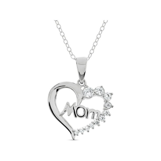 Sterling Silver Rhodium Plated White Cubic Zirconia Mom Heart Pendant ...