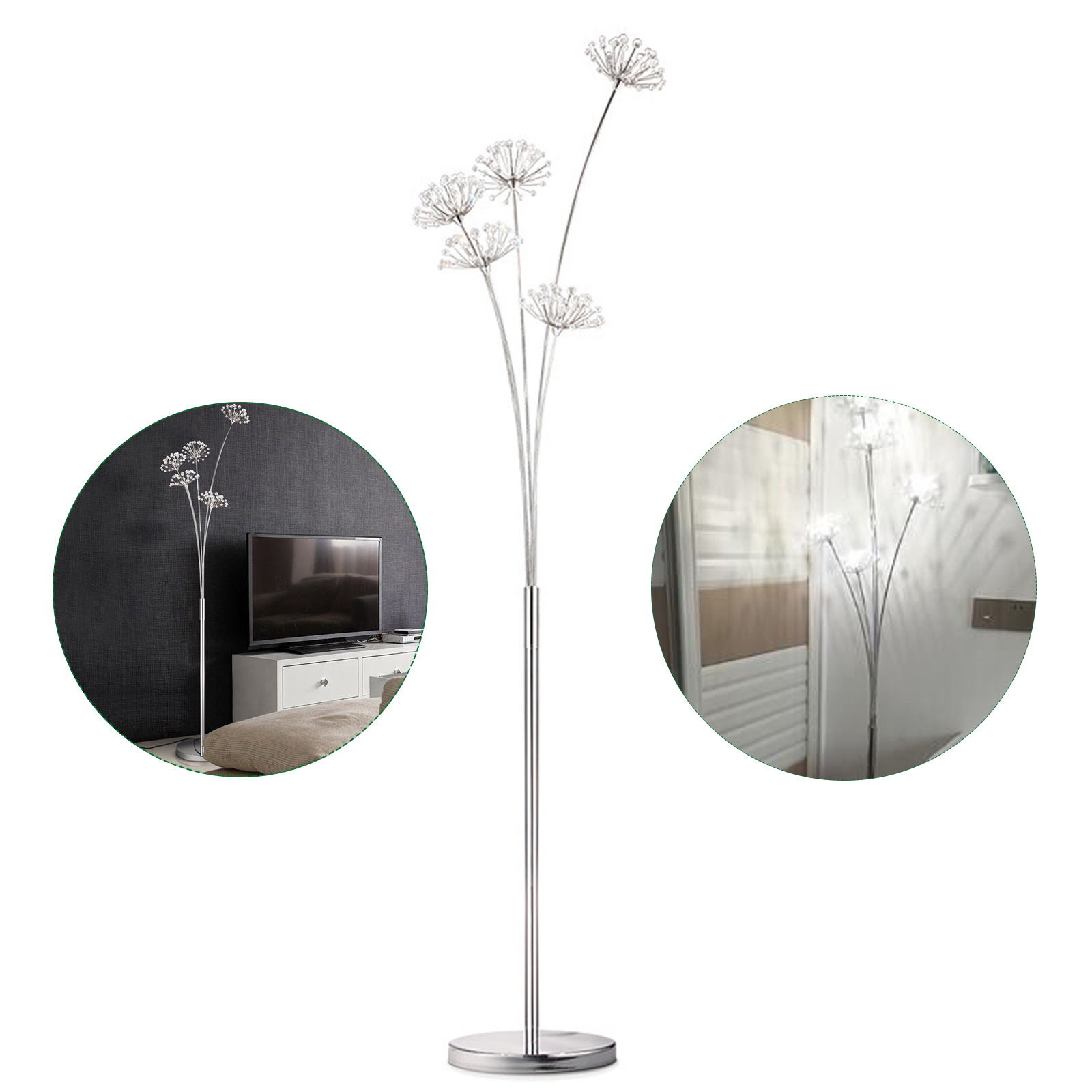 TFCFL Crystal Floor Lamp, 5 Heads Modern Elegant Dandelion Standing Lamp for Bedroom Living Room Office, 69-Inch, Silver