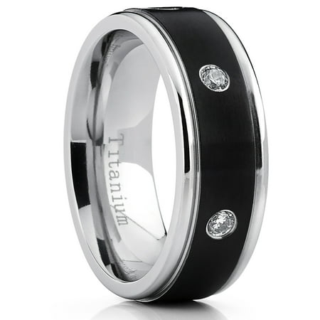 Black Plated Cubic Zirconia Titanium Wedding Band Engagment Ring Comfort Fit Unisex