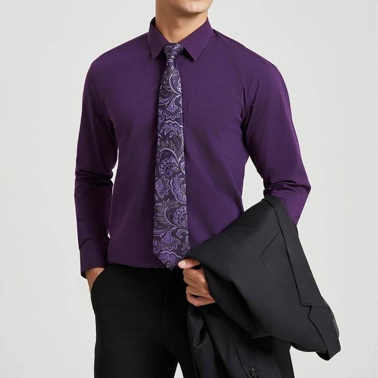 HISDERN Mens Purple Dress Shirt, Long Sleeve Button Down, Solid
