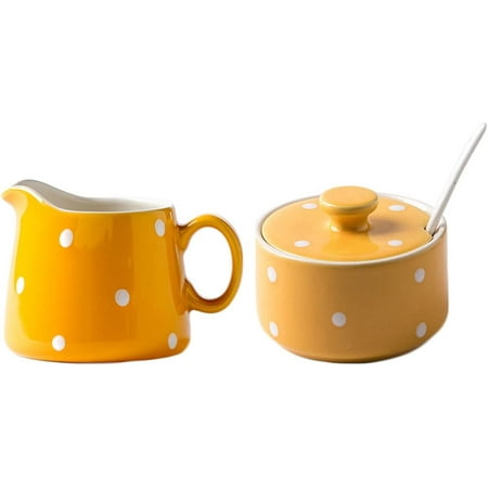 

DabuLiu Chic Polka Dot Ceramic Sugar and Creamer Set with Spoon Creamer Serving Set for Coffee and Tea(Pink/Blue/Yellow)