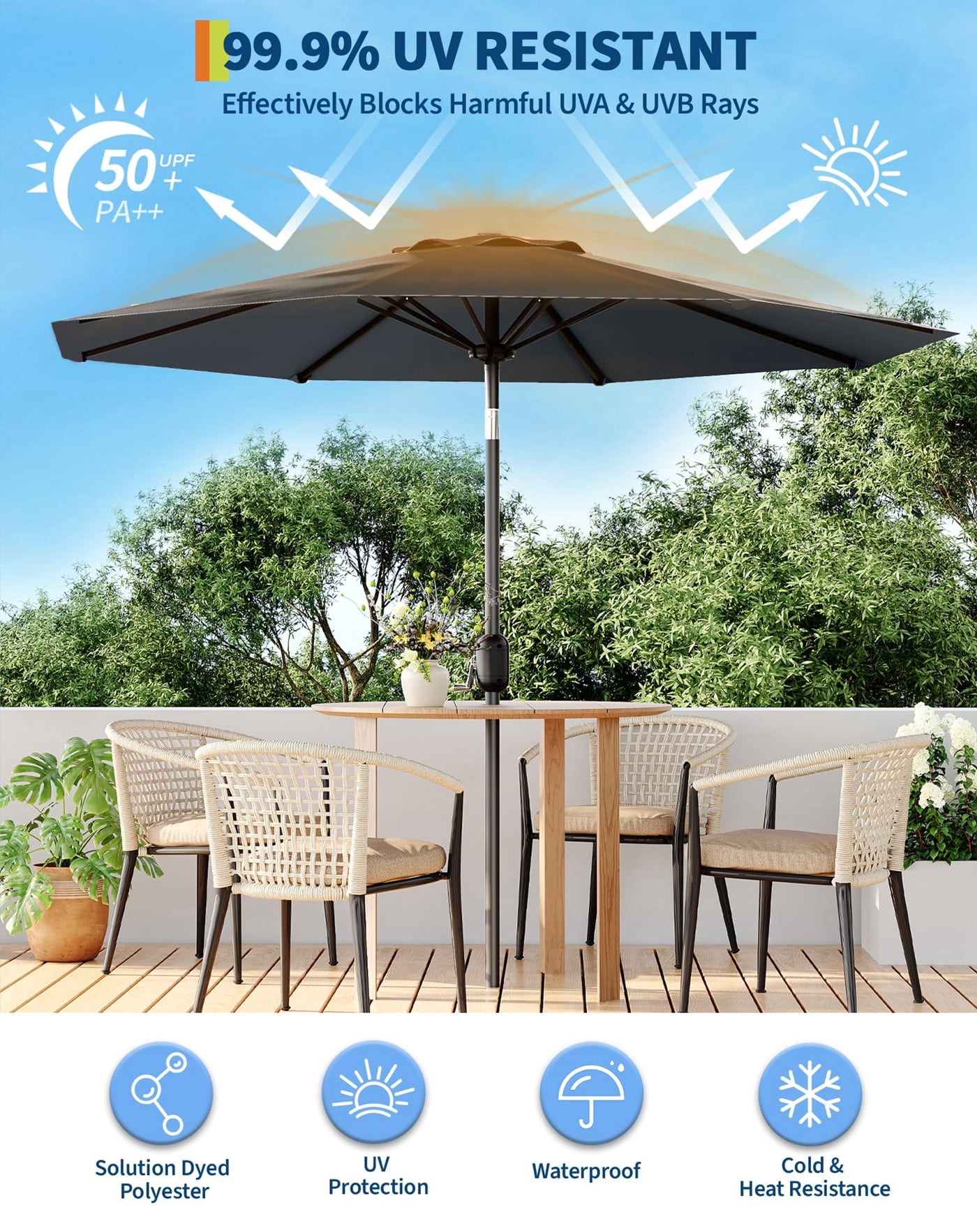 Arigeas 7.5ft Patio Umbrella, Outdoor Market Table Parasol with Push Button Tilt, 6-rib Frame and Crank