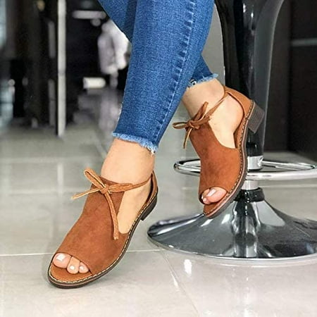 

JISBEIFHA Ladies Comfy Peep Toe Flat Heel Sandals Womens Mid Low Block Heel Sandals Summer Casual Strappy SandalsA4895