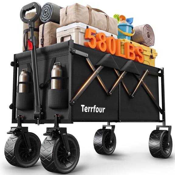 Terrfour Collapsible Folding Wagon, 560LBS Portable Heavy Duty Utility Cart for Grocery, Shopping, Garden, Sports, Camping, Black