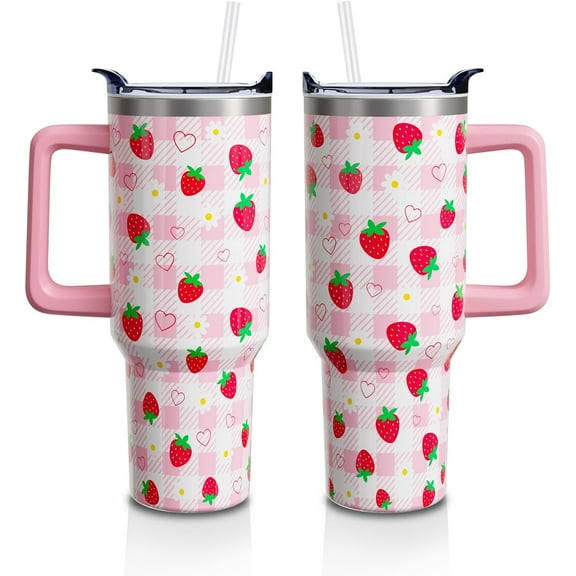 40oz Strawberry Tumbler with Handle & Straw - Pastel Plaid Double Wall Vacuum Insulated Stainless Steel Cup - Cute Fruit Lover Birthday Gift for Women, Girls (1 Cup)