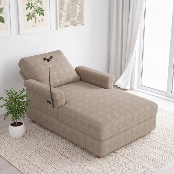 Gewnee Oversized Chaise Lounge Chair Indoor, Upholstered Reading Chair with USB Ports & Phone Holder, Single Sleeper Sofa for Living Room Bedroom,Little Brown