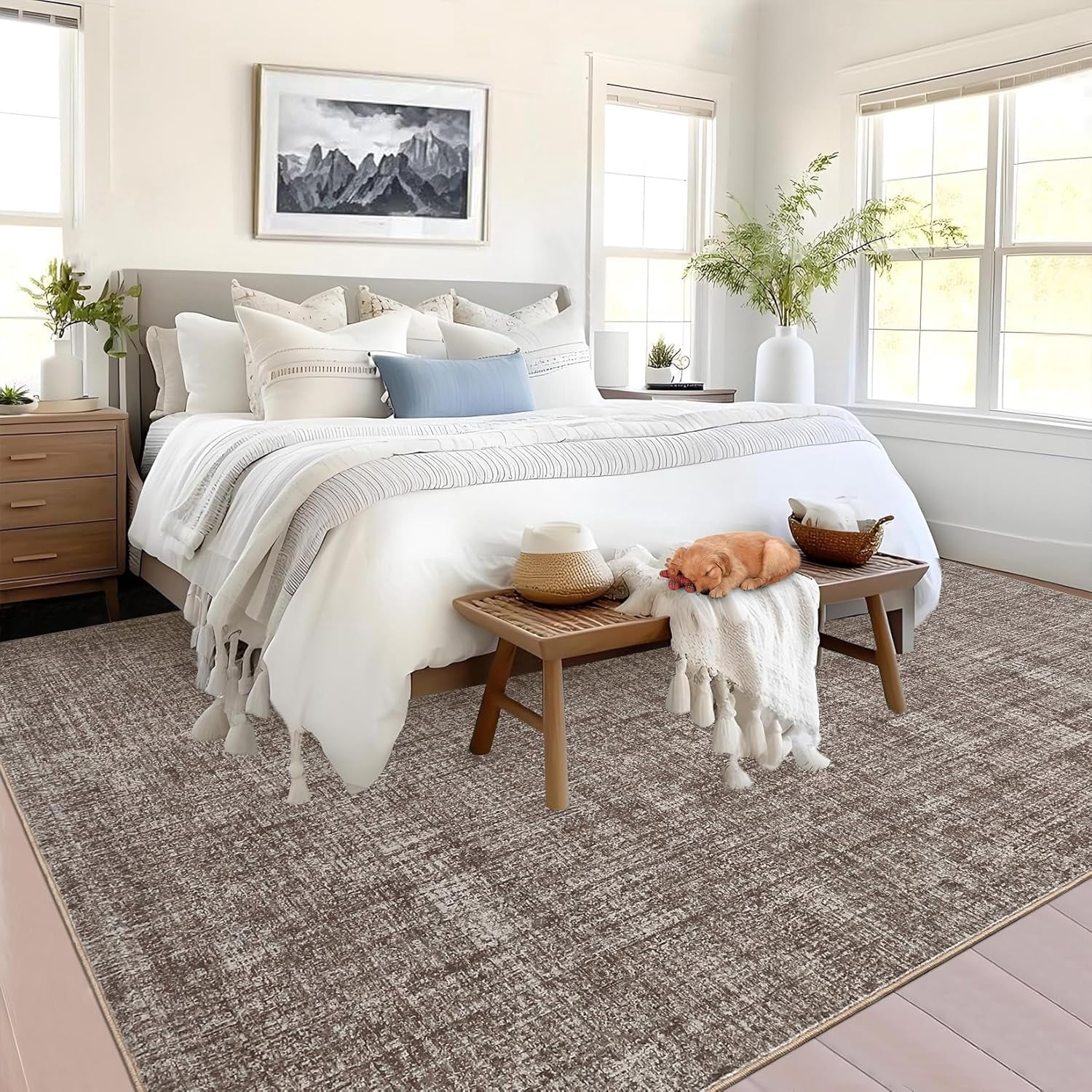 Memoryfield 8' x 10' Washable Area Rug, Stain-Resistant Low Pile Non Slip Carpet, Floor Mat for Living Room Bedroom Home Office, Brown
