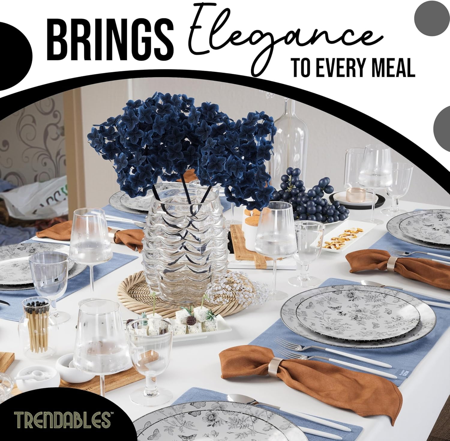 Trendables Disposable Plates For Party Supplies | Black Floral Plastic Plates For Wedding 80 Pcs - 40 X 8 & 40 X 10 Dinner Plate Sets | Floral Plate Set Disposable Plastic Dinnerware Sets