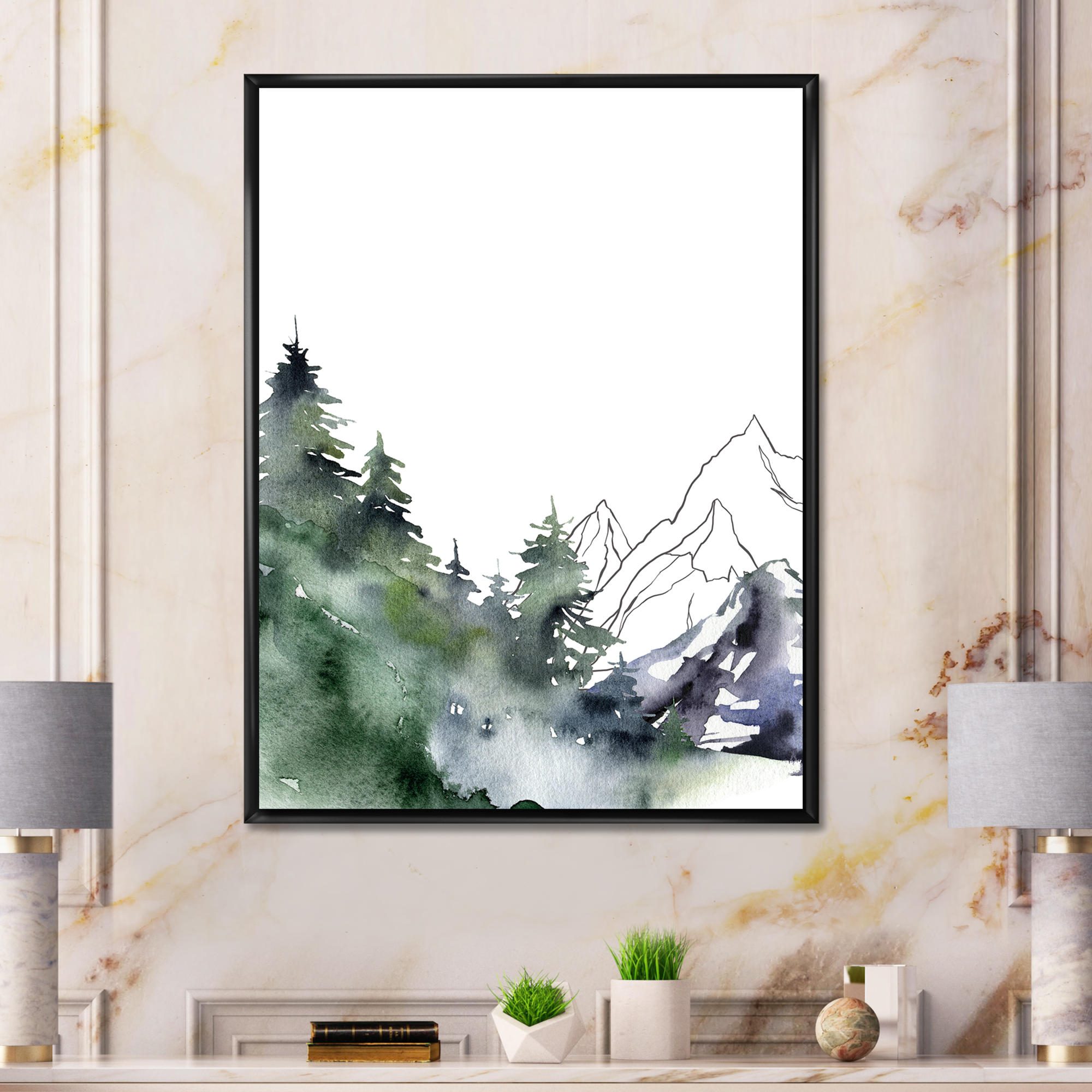 Designart 'Trees With Winter Dark Blue Mountain Landscape III' Modern Framed Canvas Wall Art Print