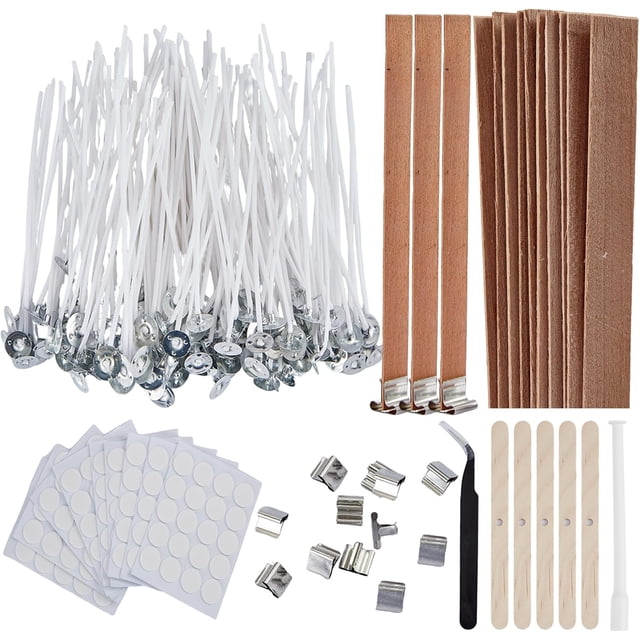 Candle Wicks for Candle Making,180 Pcs Cotton & 10Pcs Wooden Candle Wicks with 180 Pcs Adhesive Stickers, 5 Pcs Wooden Wick Holders,5 PcsMetal Bases&1PcTweezers,CleanBurning Wicks,DIY Candle Supplies