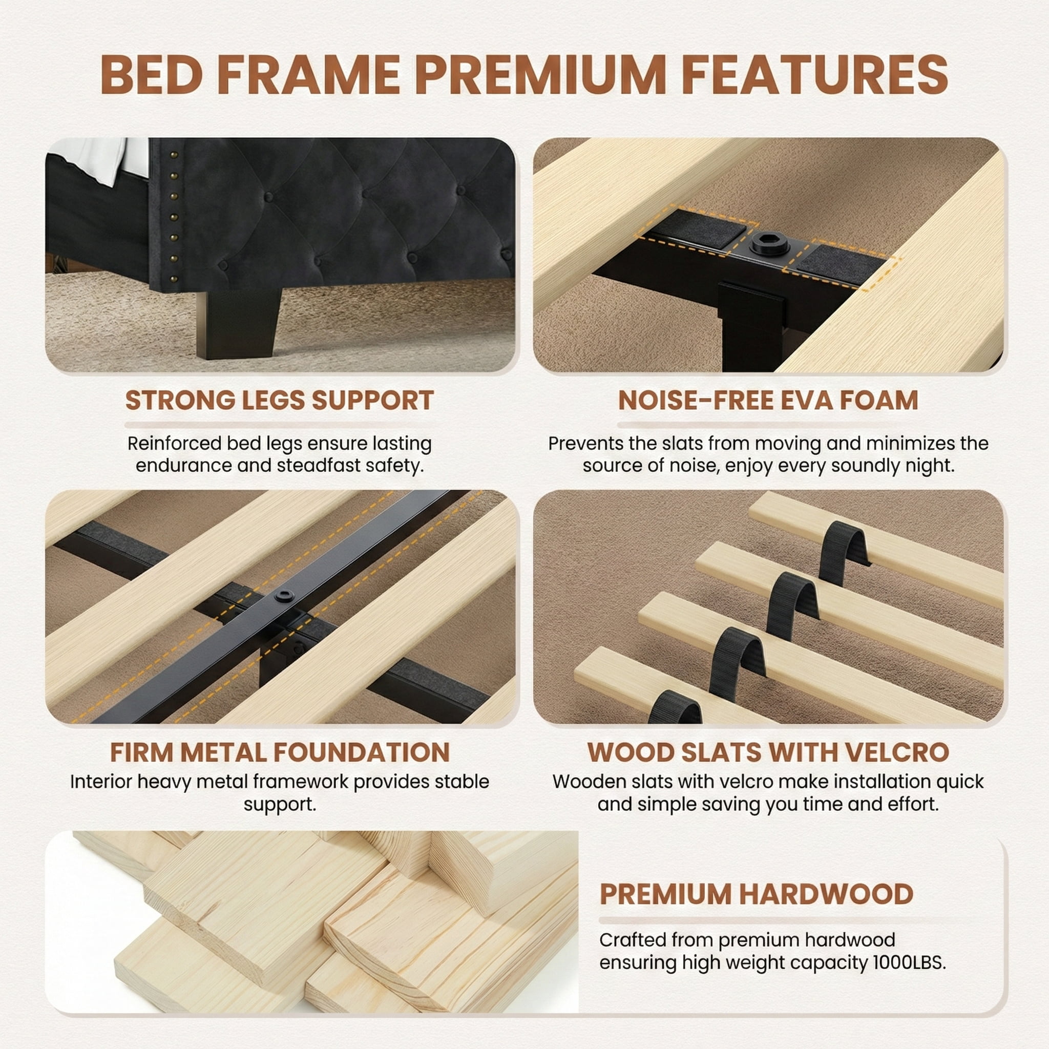 Queen Size Bed Frame with Headboard and Footboard, Upholstered Platform Bed, with 50 Inch Tall Wingback Tufted Headboard, Jet Black Velvet Button Tufted, Sturdy/No Box Spring Needed/Noise Free