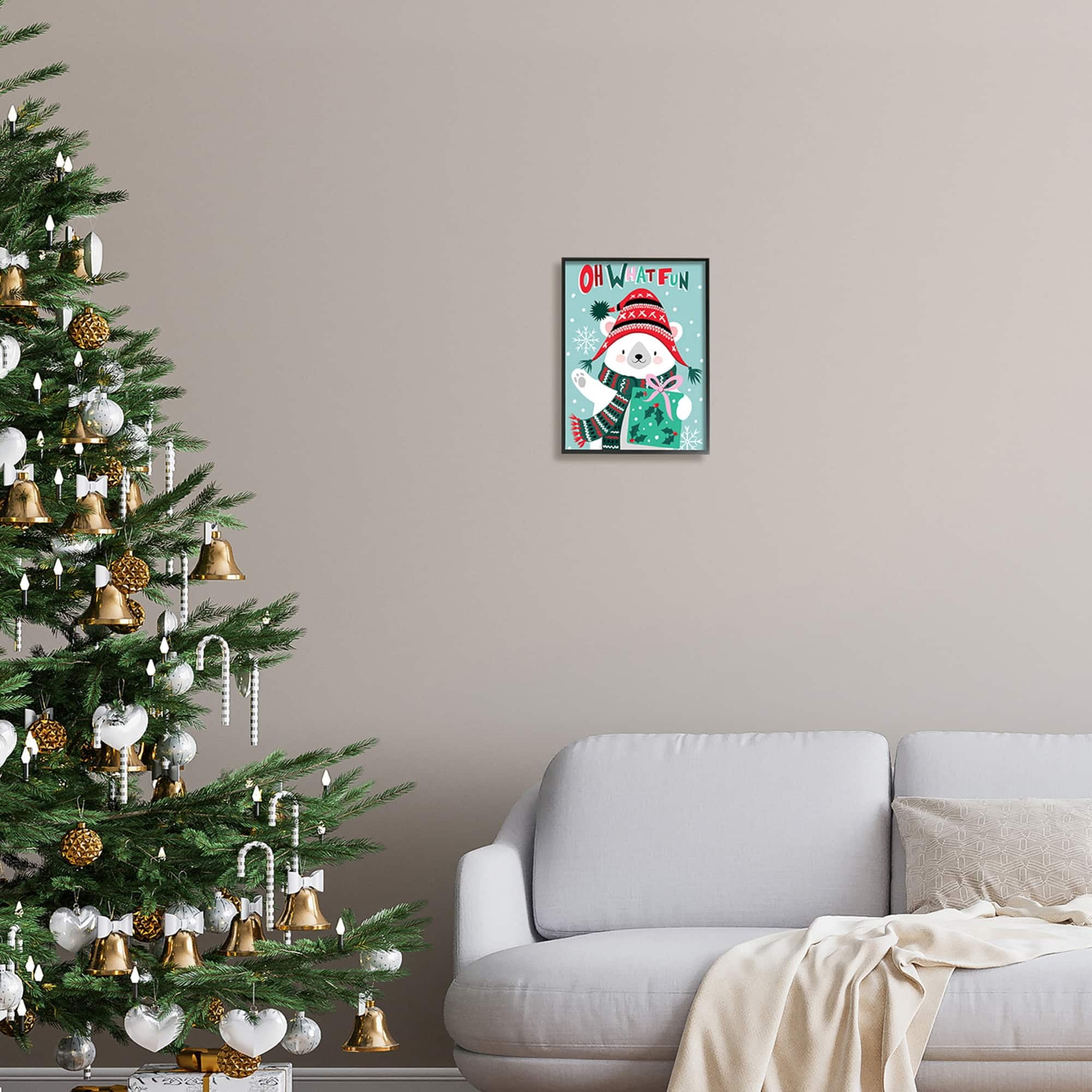 Oh What Fun Winter Polar Bear Falling Snowflakes Inspirational Graphic Art Framed Art Print Wall Art
