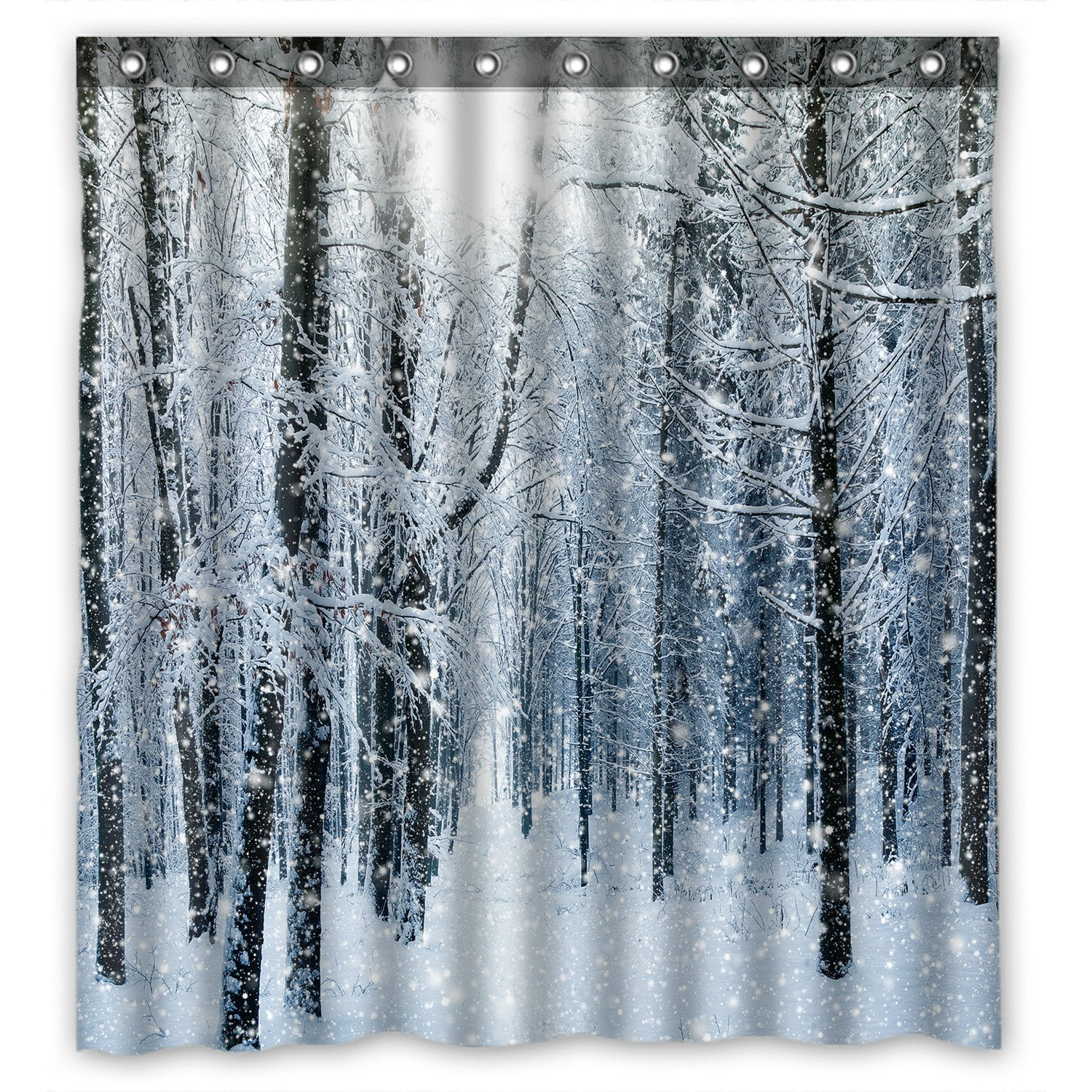 PHFZK Winter Landscape Shower Curtain, Snowy Trees Forest Scenery Black