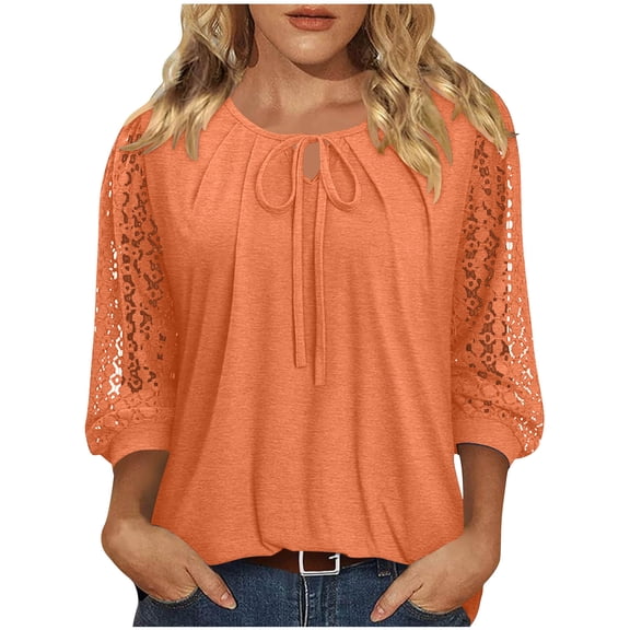 Cmfcve 3/4 Lace Sleeve Shirts for Women Bow Tie Neck Pleated Blouses Summer Dressy Casual Tunic Tops