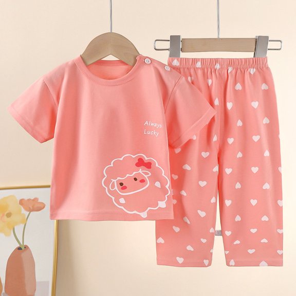 Girls Outfits Toddler Cotton Cartoon Print Short Sleeve Shirt and Shorts Home Clothes Set Girls Clothes Watermelon Red 18-24 Months